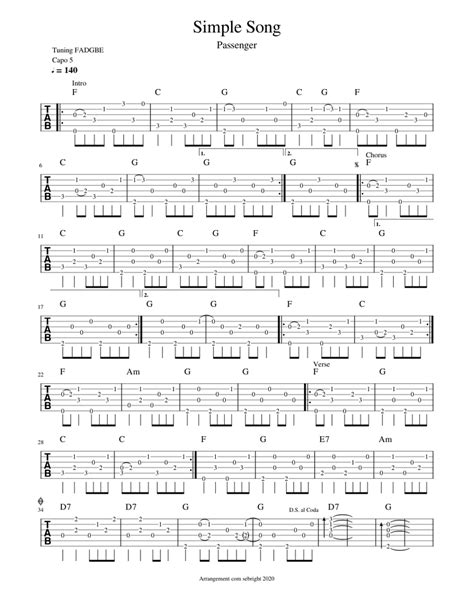 Passenger Simple Song Sheet Music For Guitar Solo