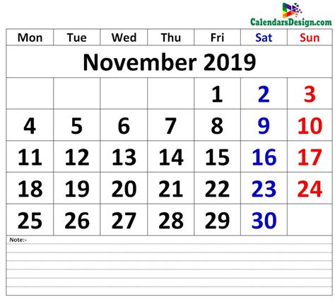 November 2019 Calendar Printable