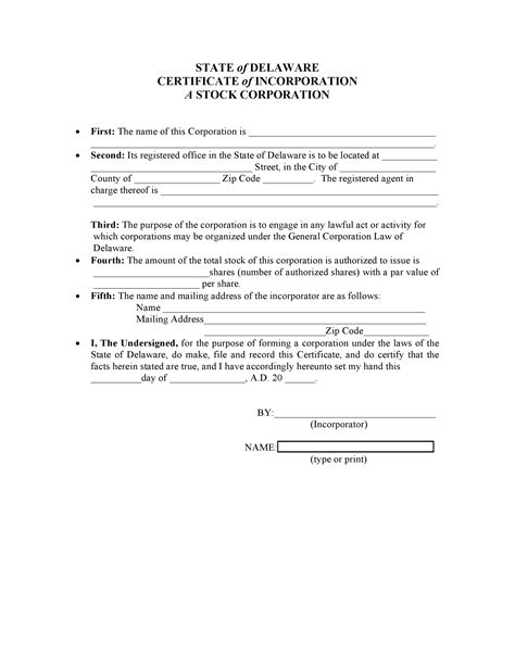 Free Delaware Certificate Of Incorporation Form Pdf Template Form