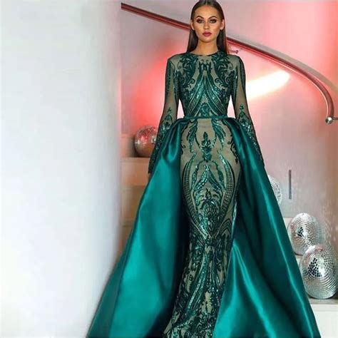 Elegant Dark Green Long Sleeve Evening Dresses With Detachable Train Sequin Moroccan Kaftan