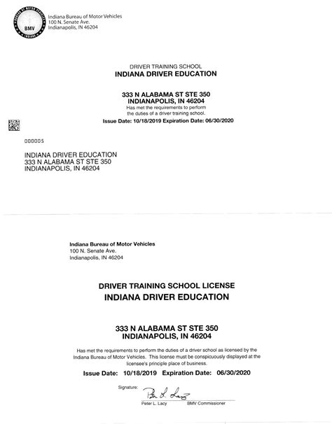 Indiana Bureau of Motor Vehicles Driving School License
