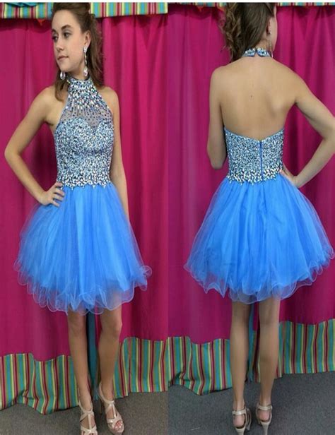 2016 sky blue homecoming dresses bow halter beaded sleeveless crystal new sparkly short dresses