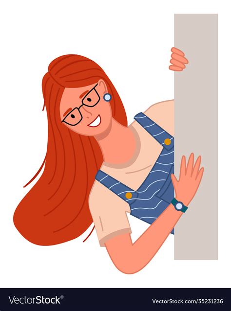 Young Woman In Glasses Peeping From Behind Vector Image