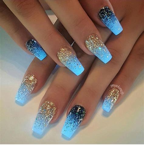 Blue Glow In The Dark Coffin Nails Manicure With Gold Glitter And Blue