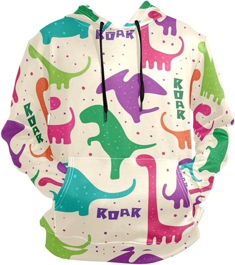 Unisex Hooded Sweater Dinosaur Colorful Long Sleeves Front Big Pocket