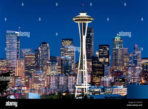 Panoramic View Over Downtown Skyline At Night Seattle Washington Usa