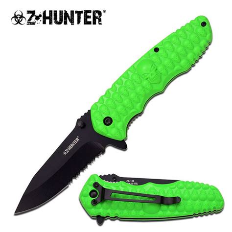 z hunter spring assisted opening knife green zombie abs ha