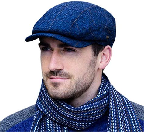 Mucros Weavers Irish Flat Hat 100 Wool Tweed Mens Blue Herringbone