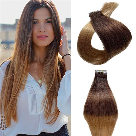 Real Natural Human Hair Tape In Extensions Ombre Multi Colored Dark Brown To