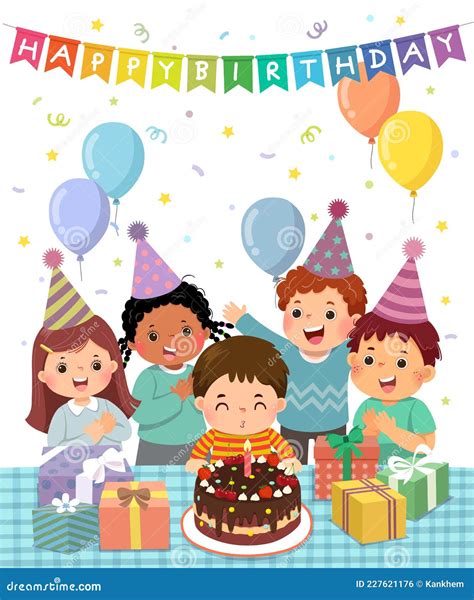 Cartoon Of Happy Group Of Kids Having Fun At Birthday Party Little Boy