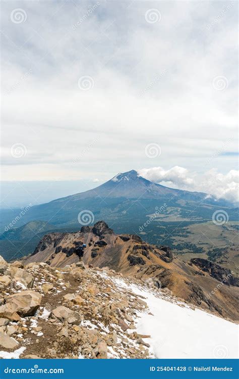 Popocatepetl Volcano Seen From The Iztaccihuatl Volcano Stock Photo