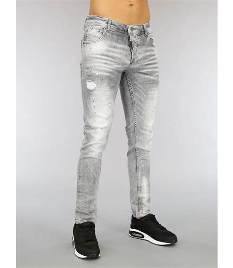 Lichtgrijze Heren Jeans Met Scheuren En Verfspatten Black Leonl