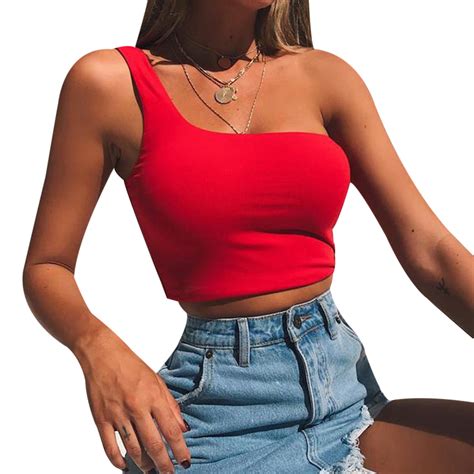 Sexy One Shoulder Women Crop Top Camisole Summer Strap Solid Slim T