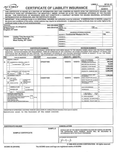 Certificate Of Insurance Acord Form Fillable