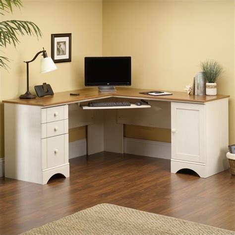 Sauder Harbor View Corner Computer Desk In Antiqued White 403793