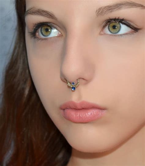 Gold Septum Ring Sapphire Nose Ring Septum Jewelry 16g Etsy