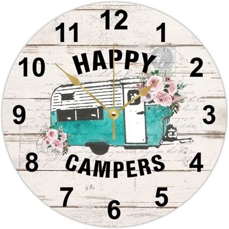 Camping Happy Campers Horloge Murale Ronde En Bois Pour Camping Car