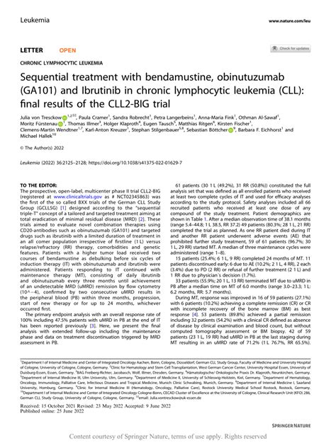Pdf Sequential Treatment With Bendamustine Obinutuzumab Ga101 And
