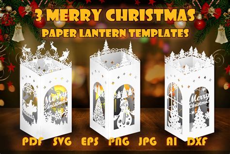 3 Merry Christmas Lanterns Template Paper Cut Diy Lantern Etsy