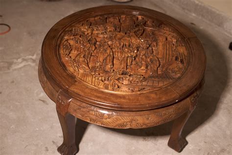 Asian Oriental Round Coffee Table With Hand Carved Pictorial Scene