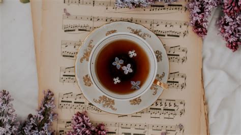 Download Wallpaper 1920x1080 Cup Tea Lilacs Flowers Notes Full Hd