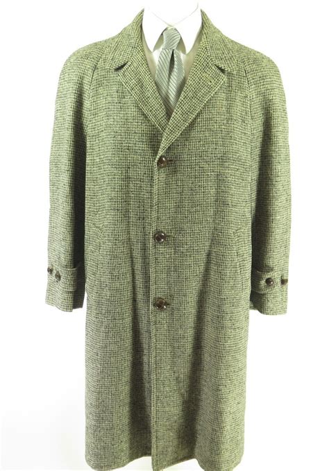 Vintage 50s Harris Tweed Overcoat Mens 44 Leather Knot Buttons Scottish