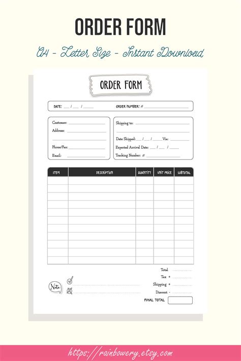 Order Form Template Printable Small Business Order Form Invoice
