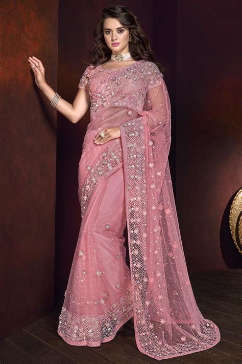 pink heavy work bridal party wear saree sarees designer collection