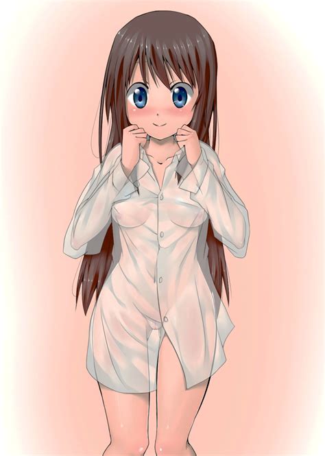 rule 34 blue eyes blush bottomless breasts brown hair dress shirt hanamaru youchien highres