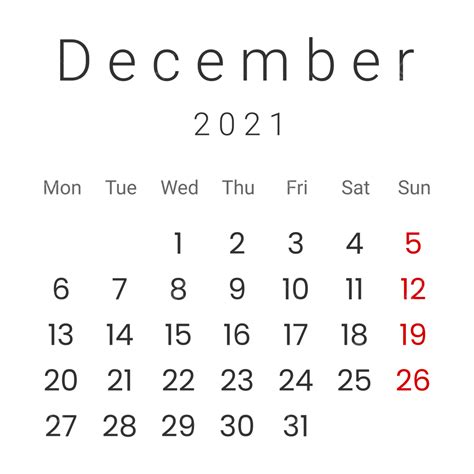 December 2021 Calendar In Simple Style December 2021 December