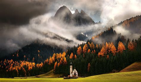 Nature Landscape Mountains Clouds Trees Italy Mist Church Forest Fall Hills Grass