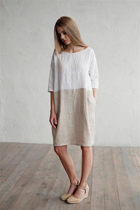 Linen Dress ADRIA White And Natural Linen Colours Loose Fit Linen