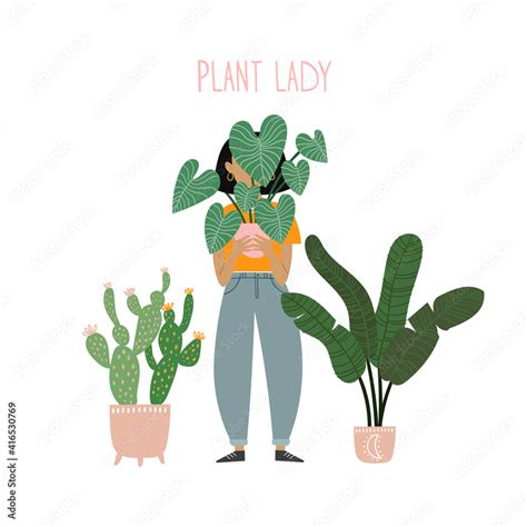 Crazy Plant Lady Cute Young Woman With Plants Modern Vector