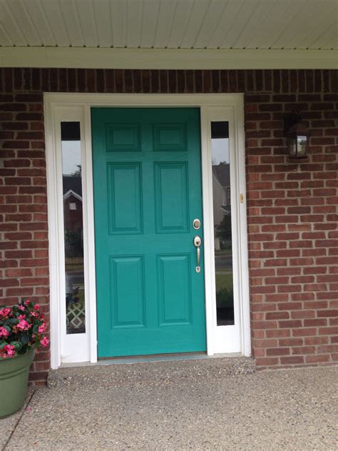 Teal Or Aqua Front Door With Brick House Painted Two Coats Over A Dark