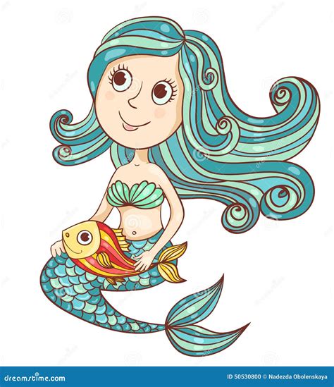 Mermaid With Fish Isolated On White Stock Vector Illustration Of