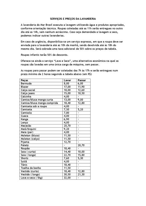 Tabela De Preços De Lavanderia
