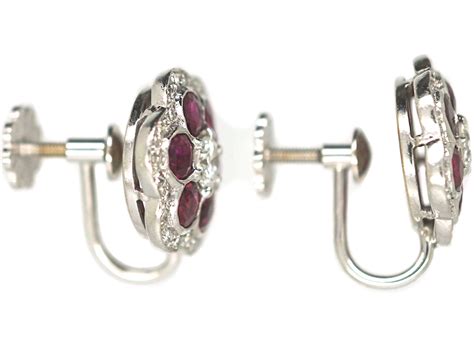 18ct White Gold Ruby Diamond Cluster Earrings 652P The Antique