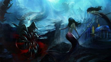 Fantasy Art Mermaids Underwater Monster Dark Weapons Wallpaper