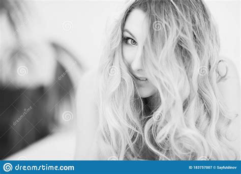 Portrait Of Beautiful Girl With Long Blond Hair In Bed Stock Image Image Of Lovely Boudoir