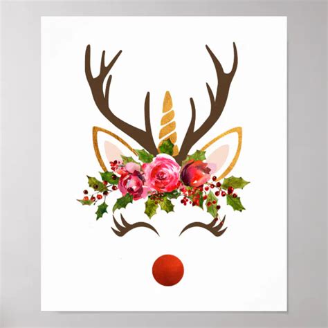 unicorn reindeer antler christmas flowers poster zazzle