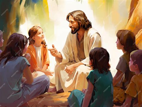 Hermosa Escena De Jesús Enseñando A Los Niños Leyendo La Biblia