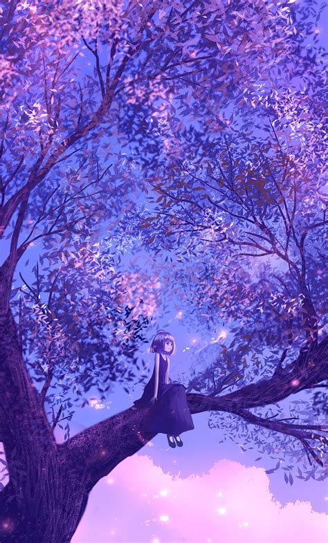 Hd wallpapers and background images 1280x2120 Anime Girl Sitting On Purple Big Tree 4k iPhone ...