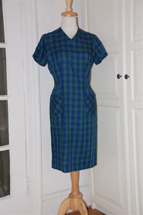 50s 60s Wiggle Dress Blue Green Tartan Plaid Cotton