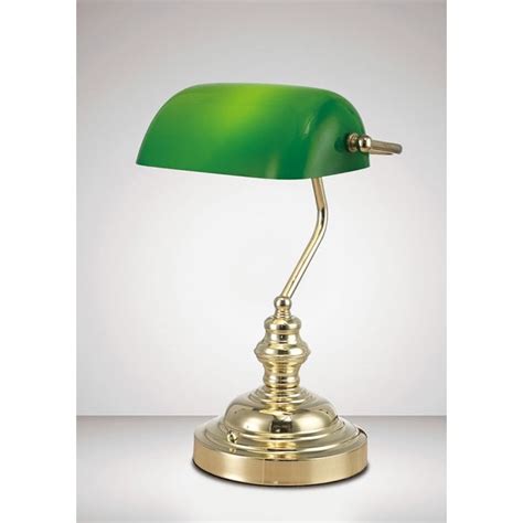 The banker's desk lamp with green glass shade, brass finish features a durable metal design with a shiny brass finish, a small round base, and a rectangular green glass shade that makes it perfect for use in any home office or professional workspace. Deco Morgan Single Light Bankers Desk Lamp in Polished ...