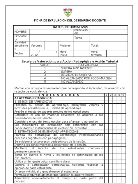 Ficha De Evaluacion Del Desempeño Docente Aprendizaje Evaluación