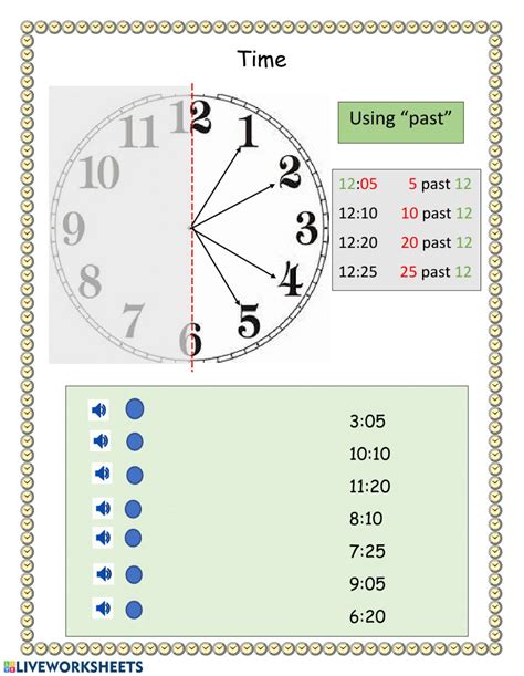 telling clock time with past half past and a quarter past interactive worksheet