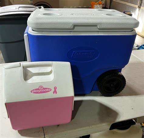 garage 1 coleman cooler with wheels and handle blue plus play mate pink inside