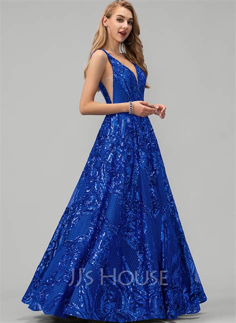 A Line V Neck Floor Length Sequined Prom Dresses With Sequins