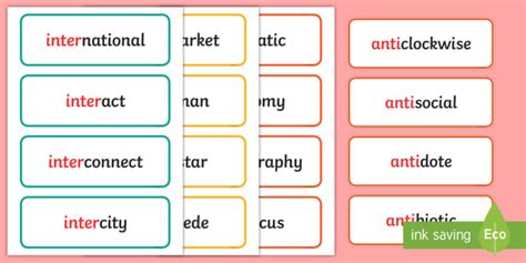 Prefix Word Cards Prefix Word List