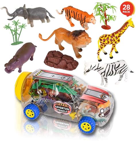 Safari Animal Figurine Toys Set In Clear Vehicle Storage Case Mini Zoo